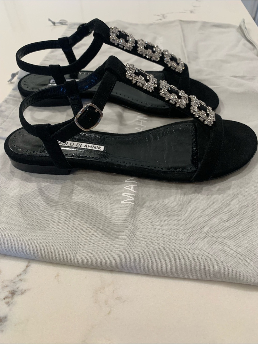 Manolo Blahnik Black Suede Sandals with Crystal Buckles - Picture 3 of 4